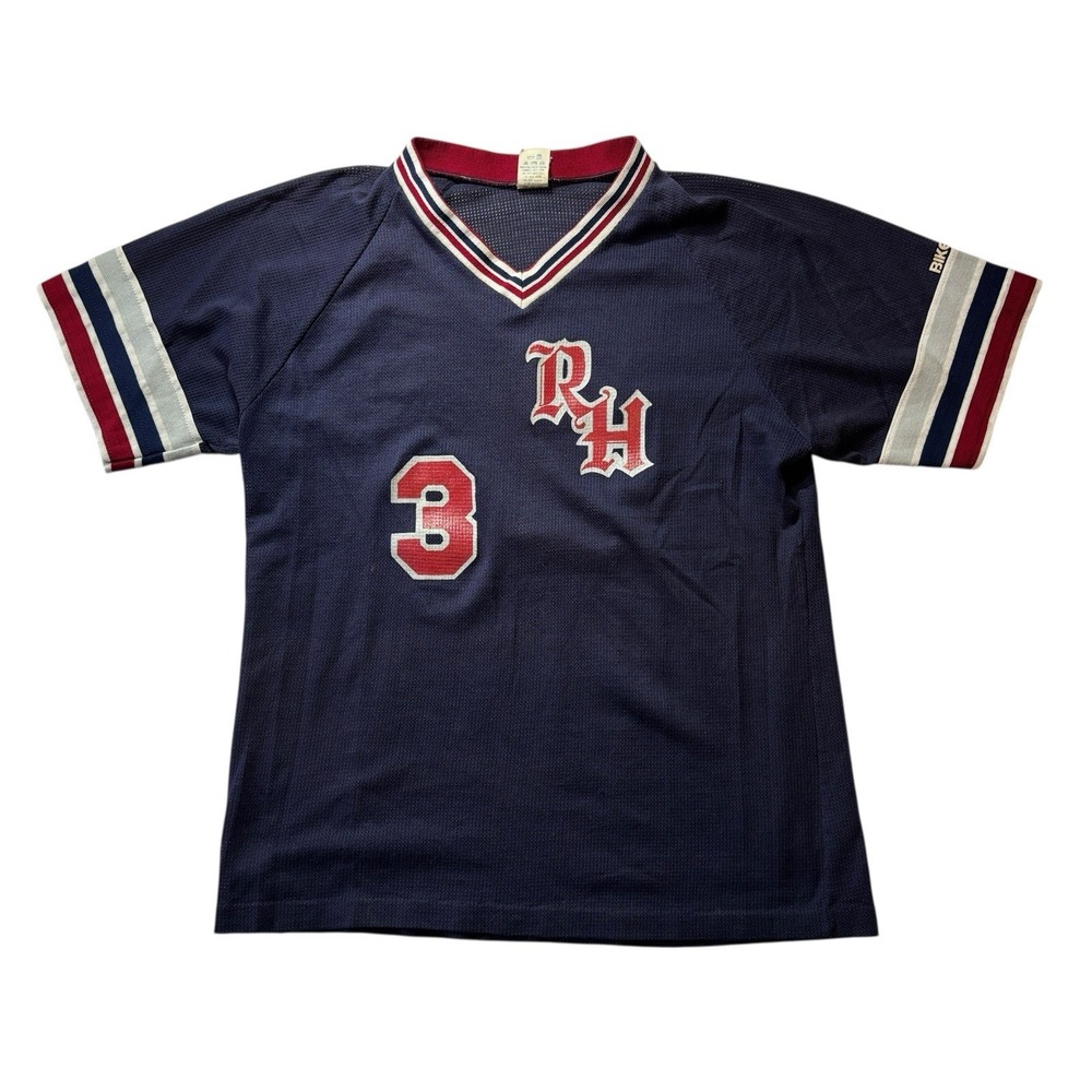 Vintage‎ Bike Athletic Jersey Navy Blue V-Neck Size XL Retro Striped Sleeve